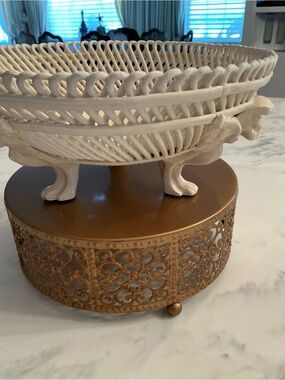 Ornate  Vintage Ceramic Lattice Footed Bowl with Lion -Head Supports